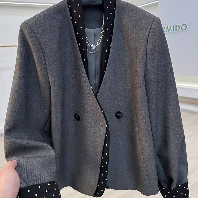 2026 Trendy Stylish Faux Two-Piece Polka Dot Patchwork Blazer for Women, New Premium Petite Short Jacket