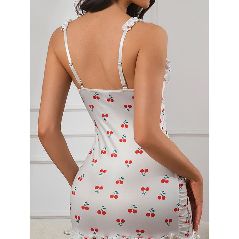 Cross-border Cherry Print Camisole Nightgown Milk Silk Print Ruffle Bodycon Lingerie for Women Wholesale Export