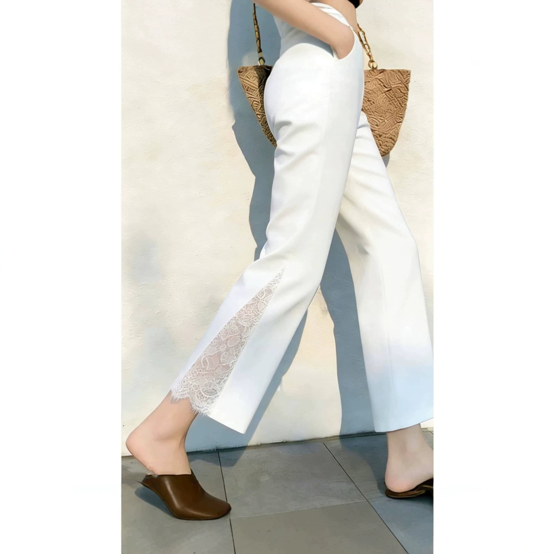 White Lace Patchwork Hollow-Out Straight-Leg Pants for Women, Summer 2026, Thin High-Waisted Slimming Drape Casual Cropped Suit Pants