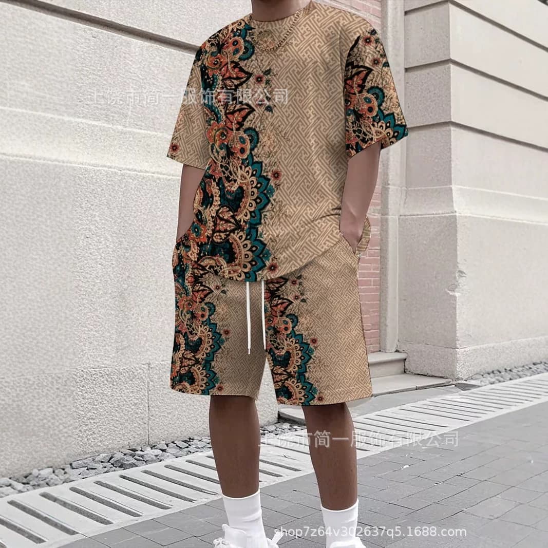 Cross-border Amazon men's suits summer casual wear trendy comfortable casual sports printed short-sleeved shorts suit