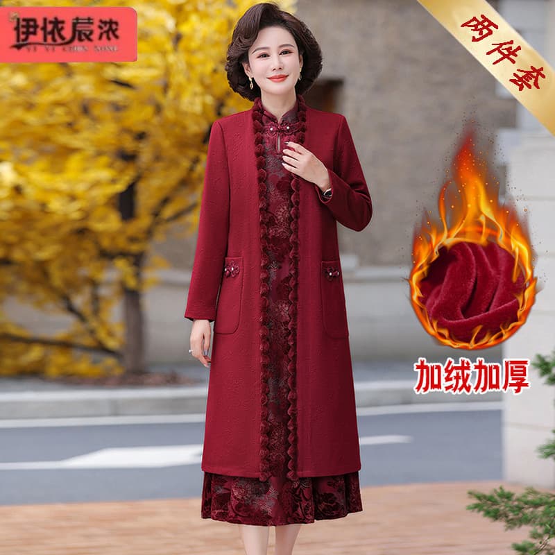 New style red dress suit with fleece lining and thickened trench coat for mother-in-law's wedding banquet.