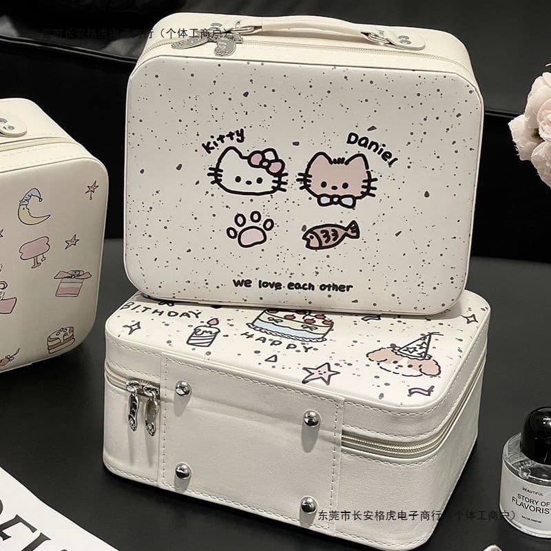 Kitty Cat Makeup Bag Large Capacity with Mirror Portable Handheld Cosmetic Case Travel Storage Organizer for Women