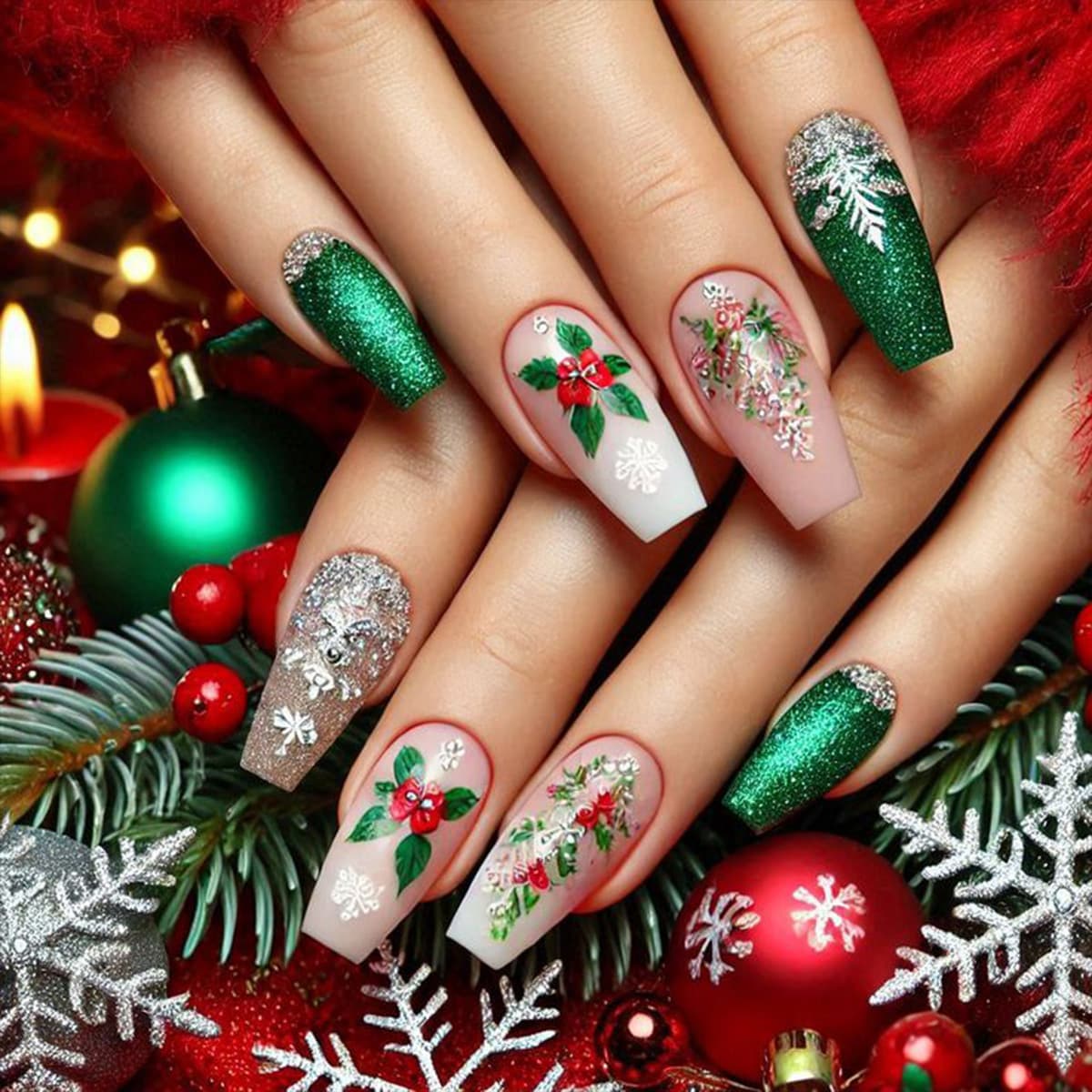 Cross-border Hot Selling Wearable Nails Pink Green Leaves Snowflake Red Flowers Christmas Press-on Fake Nail Tips