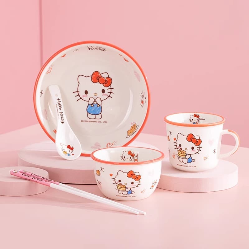 Sanrio Hello Kitty Ceramic Tableware Set - High Appearance Female Home Use Bowl and Plate Set - Cute Kids Bowls Chopsticks and Plates