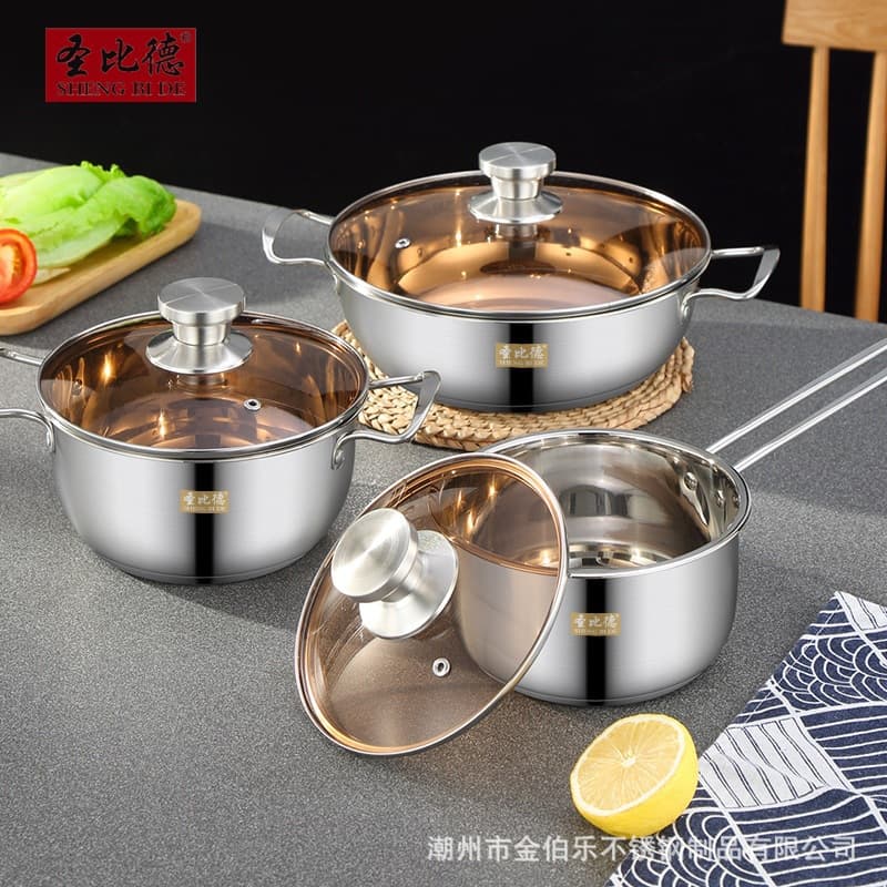 Household stainless steel pot set gift box combination gift pot uncoated milk pot soup pot hot pot three-piece set
