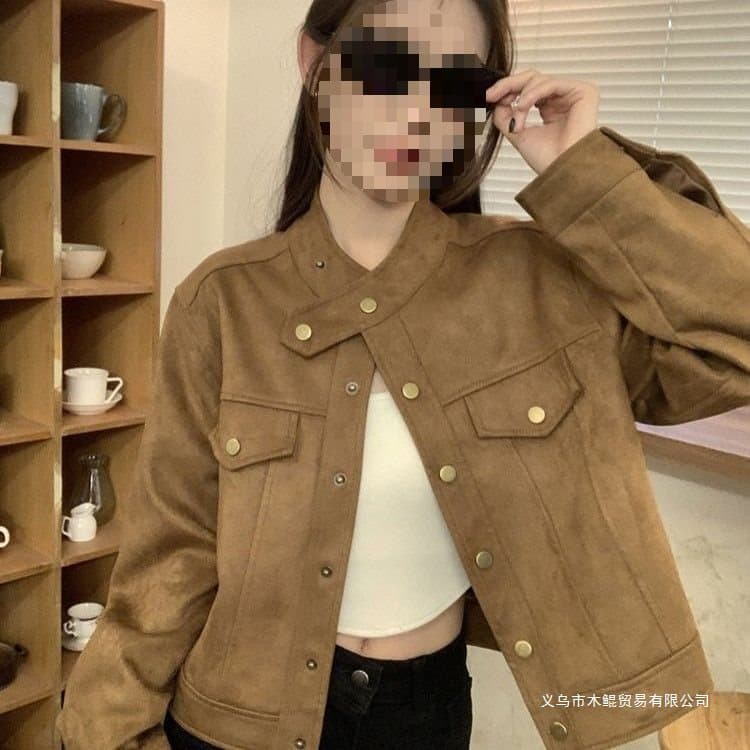Merlad's stylish stand-up collar coat for women, autumn and winter retro loose short jacket, suede coat