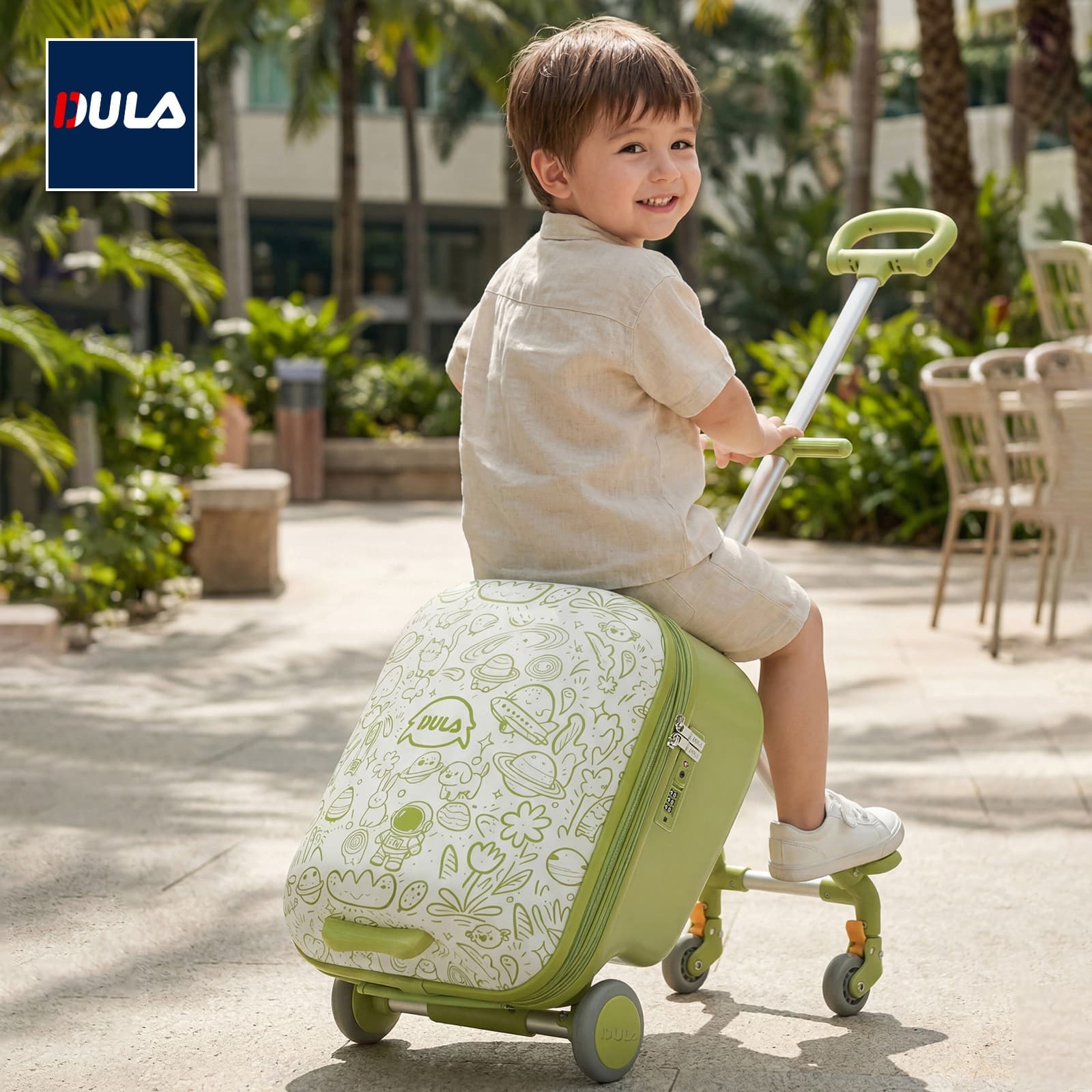 DULA Luggage Kids Ride-On Suitcase, Toddler Pull-Along Travel Case, Carry-On Size, Effortless Travel Helper