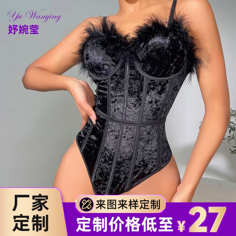 Sexy Lace Trim Bodysuit with Feather Decoration Tight Fit Underwear for Women Special Use Clothing from Mainland China