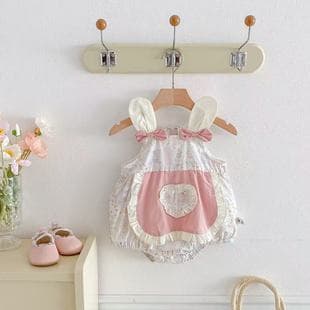 Baby Summer Rabbit Strap Bodysuit for Small Month Old Girls, Thin Romper Bodysuit