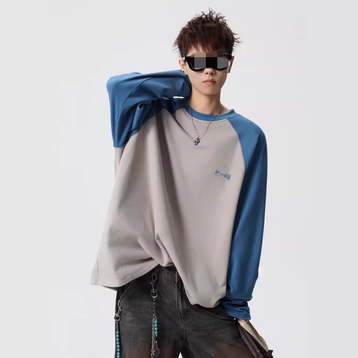 Double-sided De Velvet Round Neck Inner T-Shirt for Men and Women, Loose Casual Versatile Top, Contrast Color Raglan Sleeve Long Sleeve T-Shirt