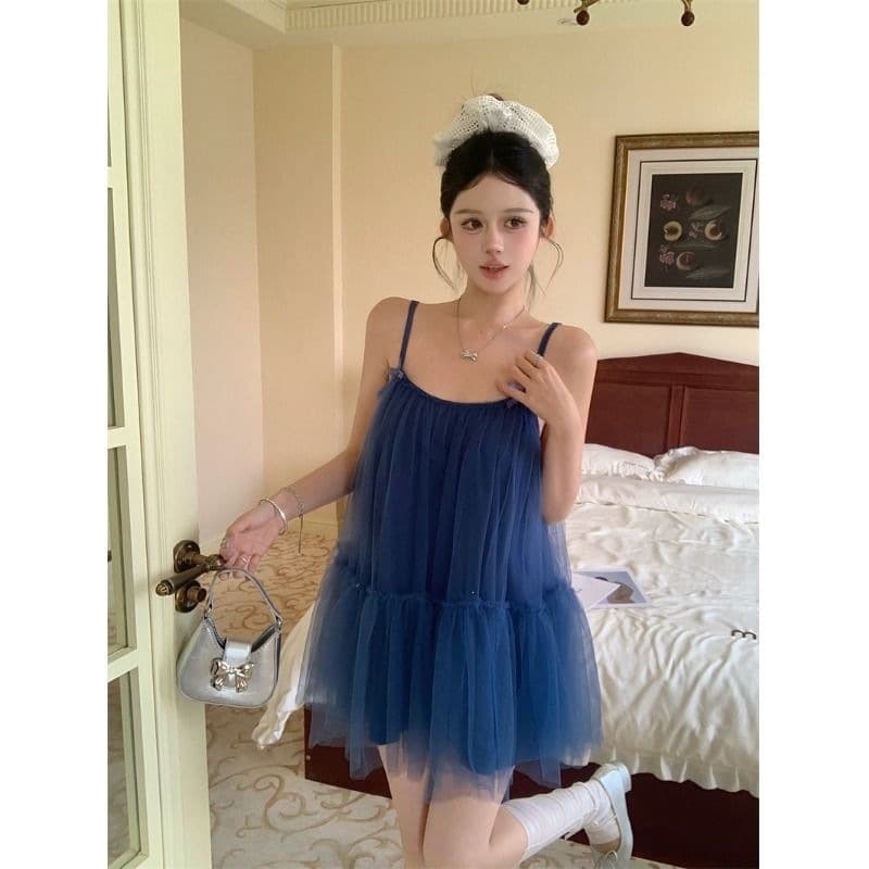 Bow Blue Strap Dress for Women Summer Tulle Dress French Loose Mesh Skirt Versatile A-Line Short Dress