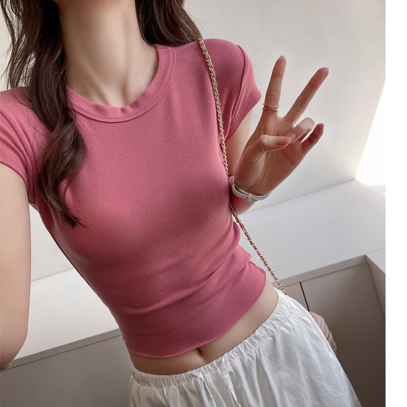 Designed Summer Round Neck Short Sleeve T-Shirt for Women, Fitted Korean Style Cropped Top