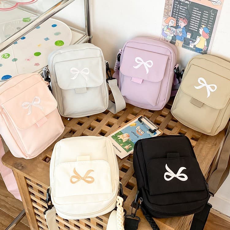 Small cloth bag for women Japanese style cute bow student shoulder bag simple forest style girly style commuter crossbody casual bag