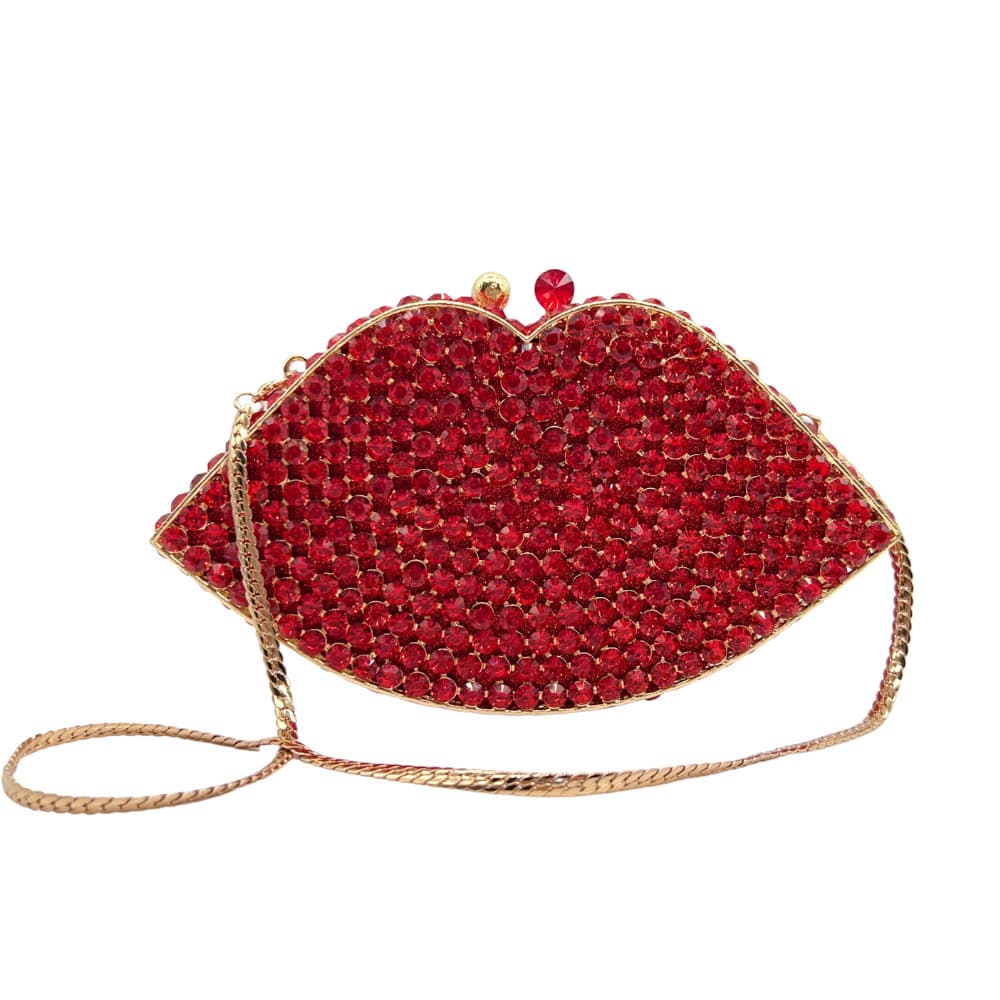 Cross-Border New Style Red Lip-Shaped Handcrafted Rhinestone-Embellished Evening Clutch, Hollow Metal Full Rhinestone Lipstick Bag, Banquet Handbag for Women