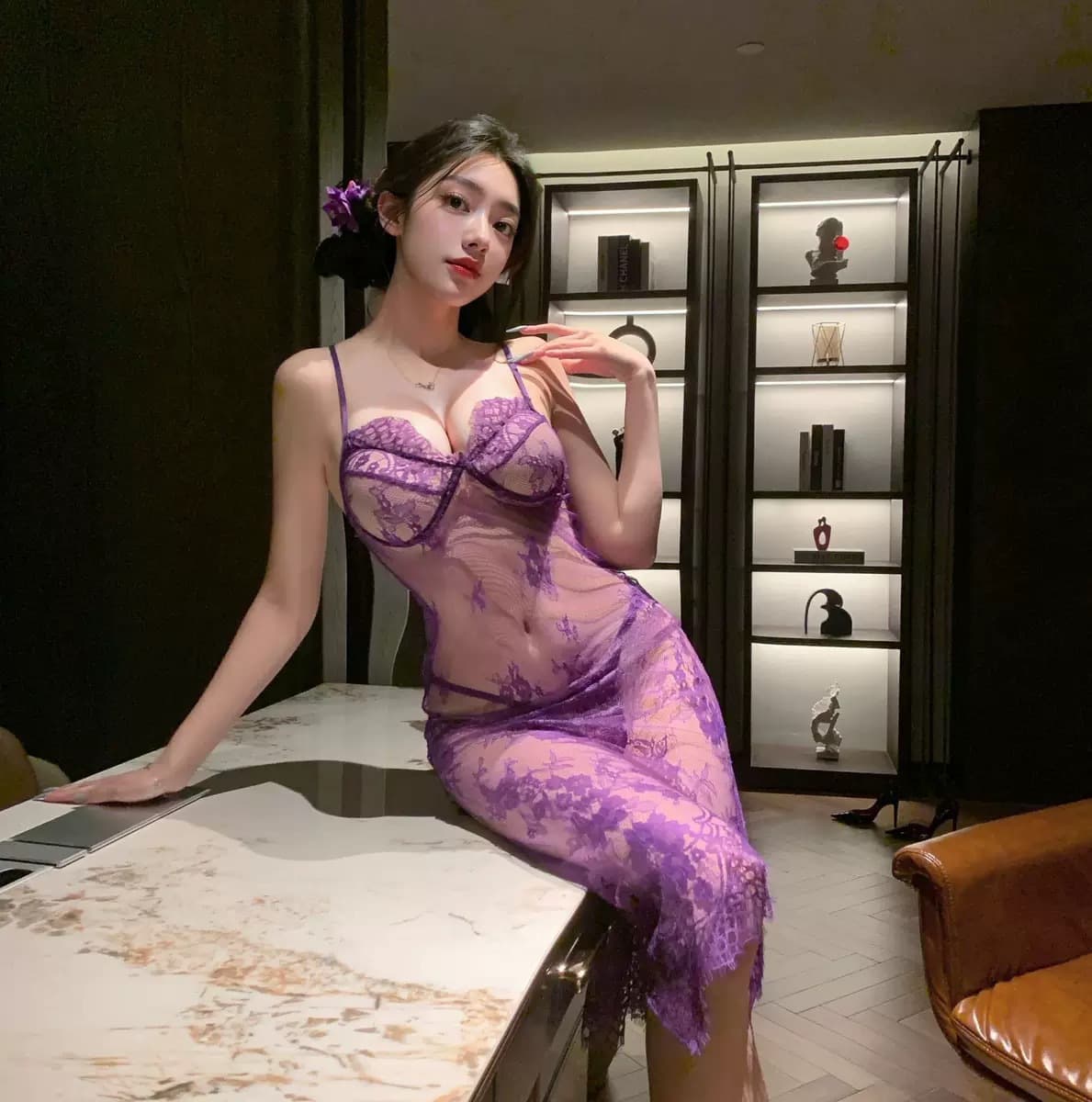 Plus Size Purple Lingerie Camisole Sleepwear Set for Women, Sexy Sheer Lace Uniform Temptation Slit Long Dress