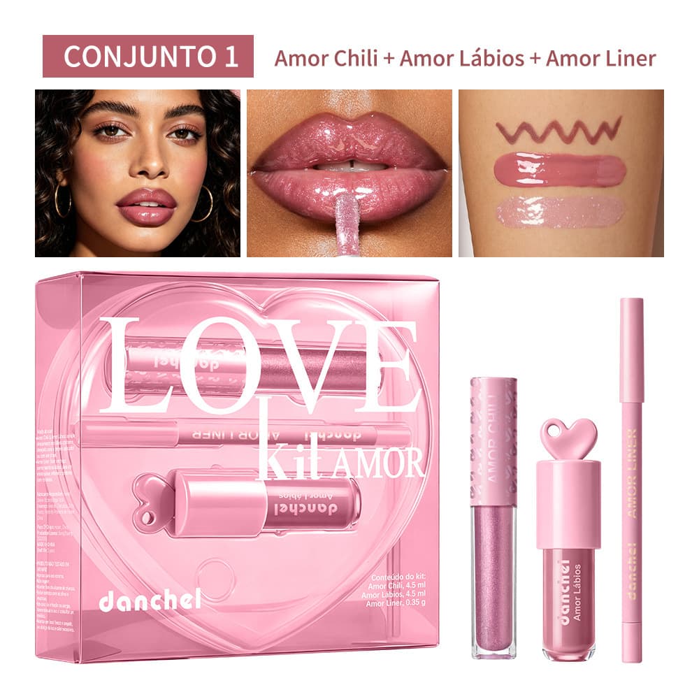 Latin American cross-border danchel love lip makeup three-piece set, Brazilian source, Portuguese packaging