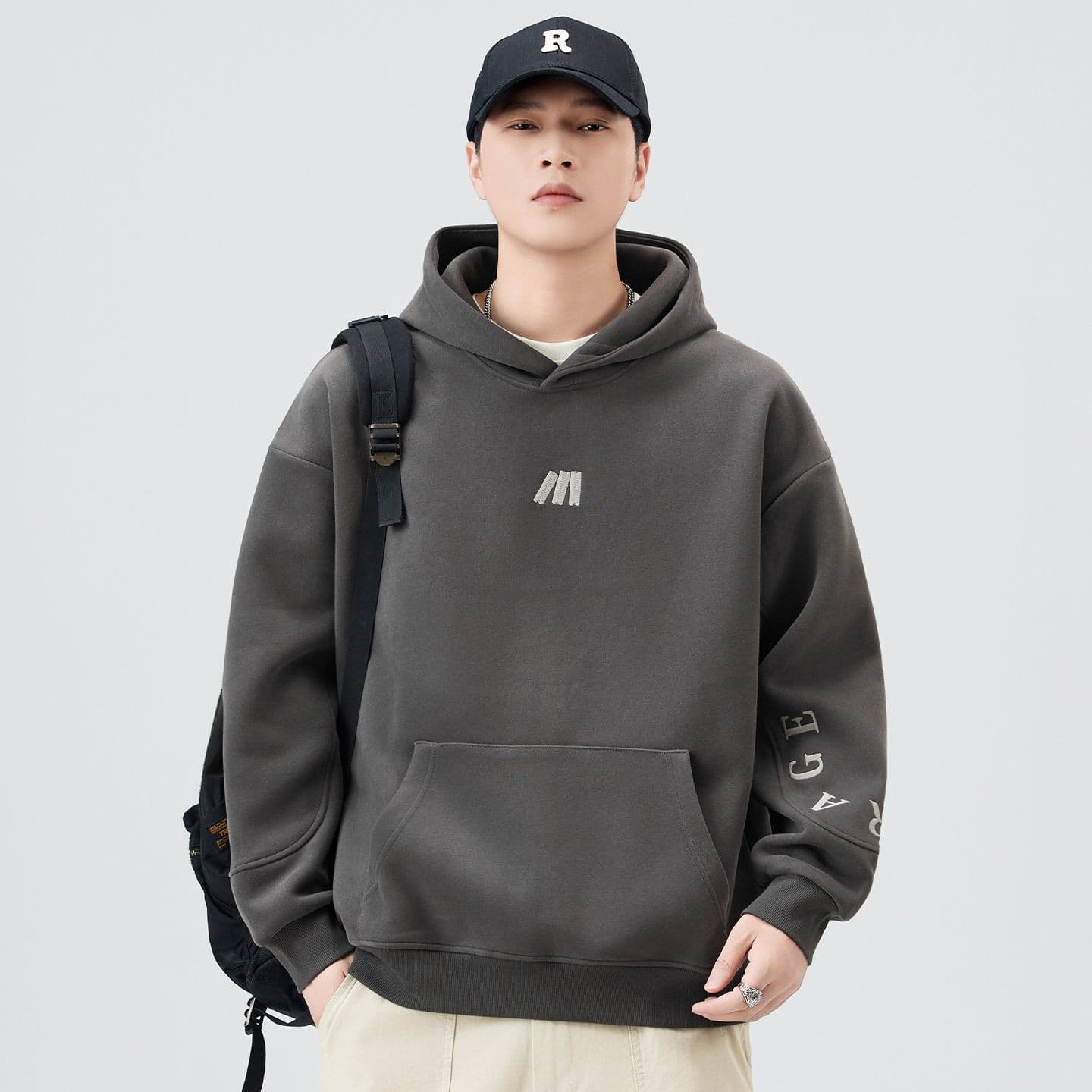 American Retro Embroidered Letter Heavyweight Hoodie Casual Loose Fit Overhead Sweatshirt Youth Popular Cotton Polyester Blend