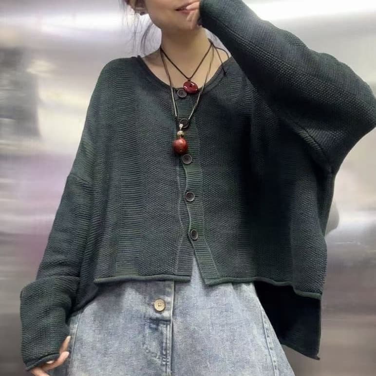 2025 Fall New Arrival: Artistic and Versatile Loose Casual Round Neck Long-Sleeve Cotton Knit Sweater for Women