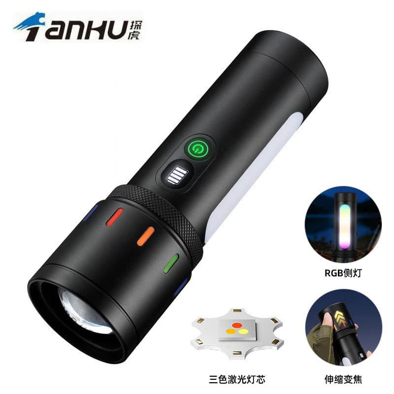 Cross-border LED white laser bright flashlight multi-light zoom long-range flashlight RGB side light outdoor lighting