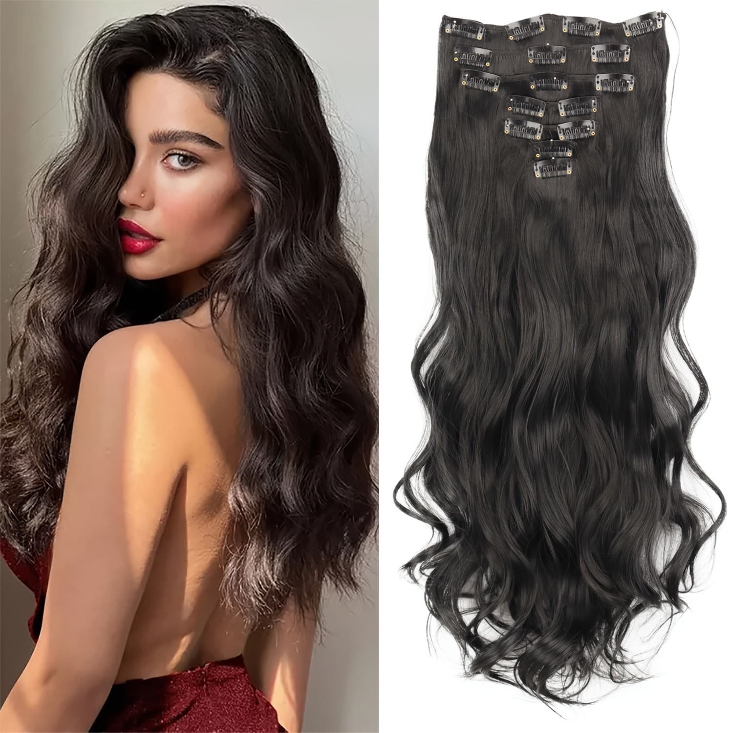 Cross-border Trade Hair Extensions Long Curly Big Wave Seven-Piece Set Synthetic Hair Extensions with 16 Clips Long Curly Hair