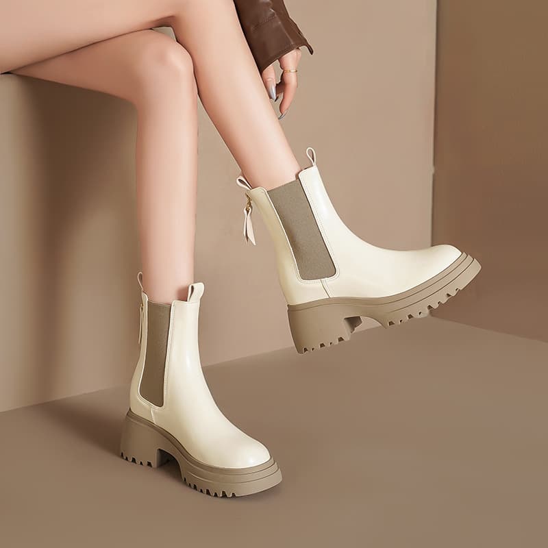 2024 Barrel Boots Thick Sole Hidden Height Mid-Calf Chelsea Boots for Women British Style Short Martin Boots Smoke Tube Boots