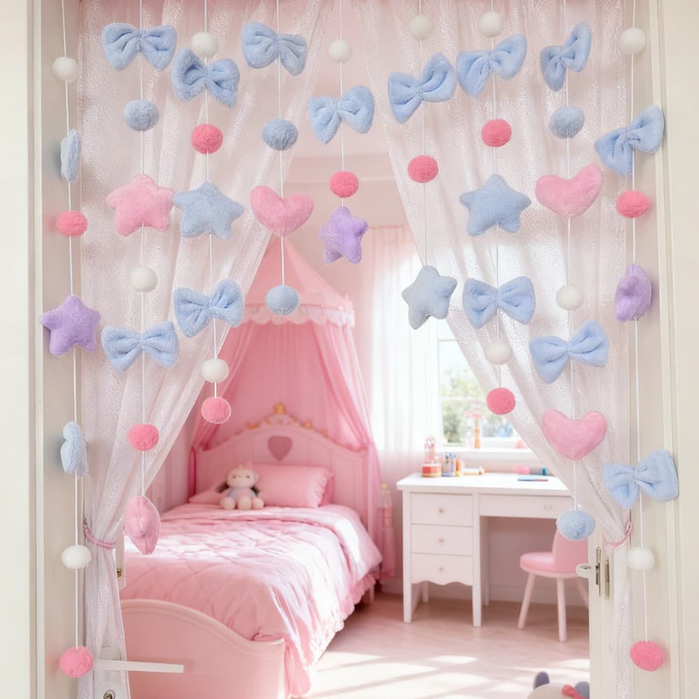 Purple Star Bedroom Door Curtain, No-Drill Seamless Hooks, Princess Room Kids Room Decorative Wall Hanging for Girls