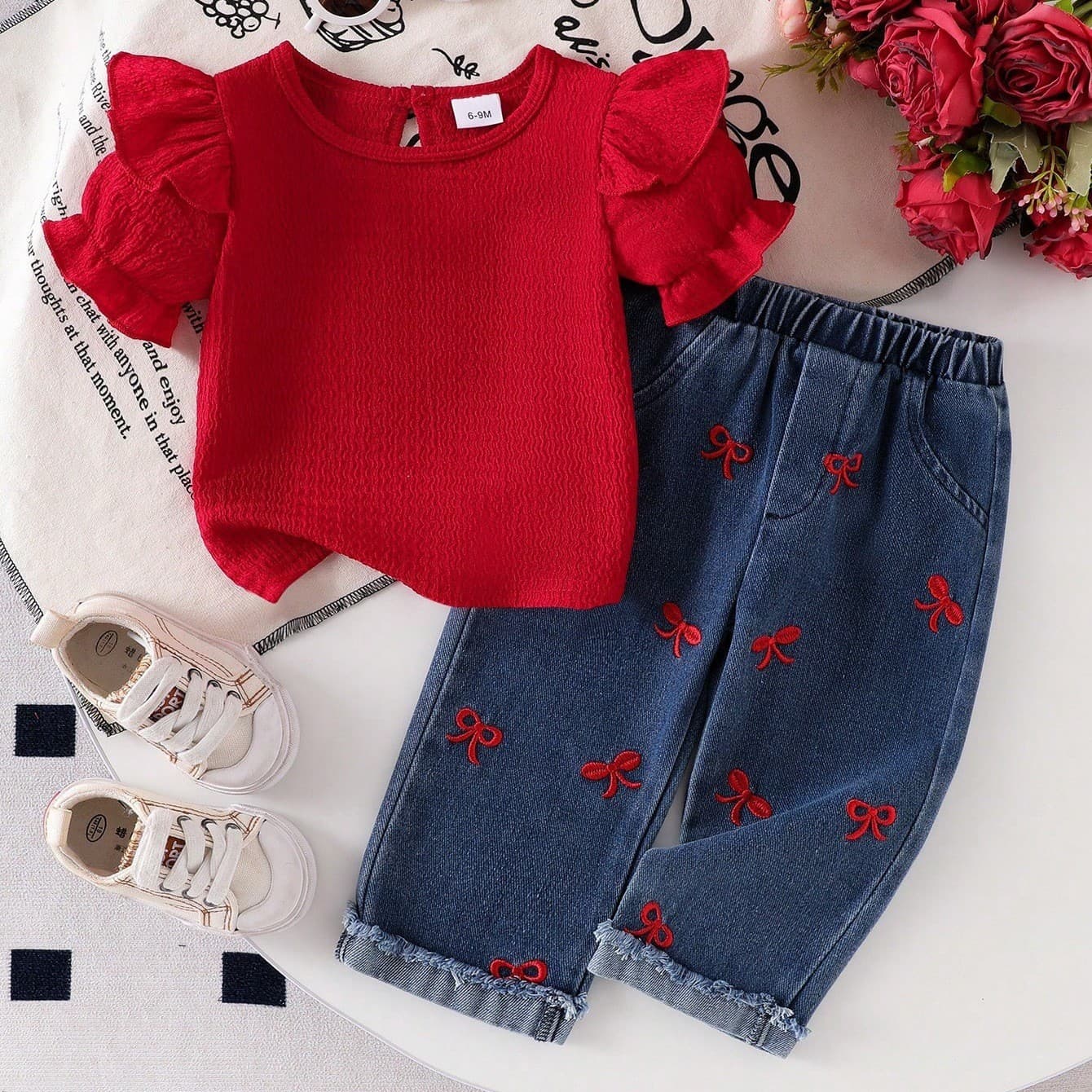 2026 Trendy Solid Color Pleated Flutter Sleeve Top Vintage Washed Denim Embroidered Bow Frayed Cropped Pants Set