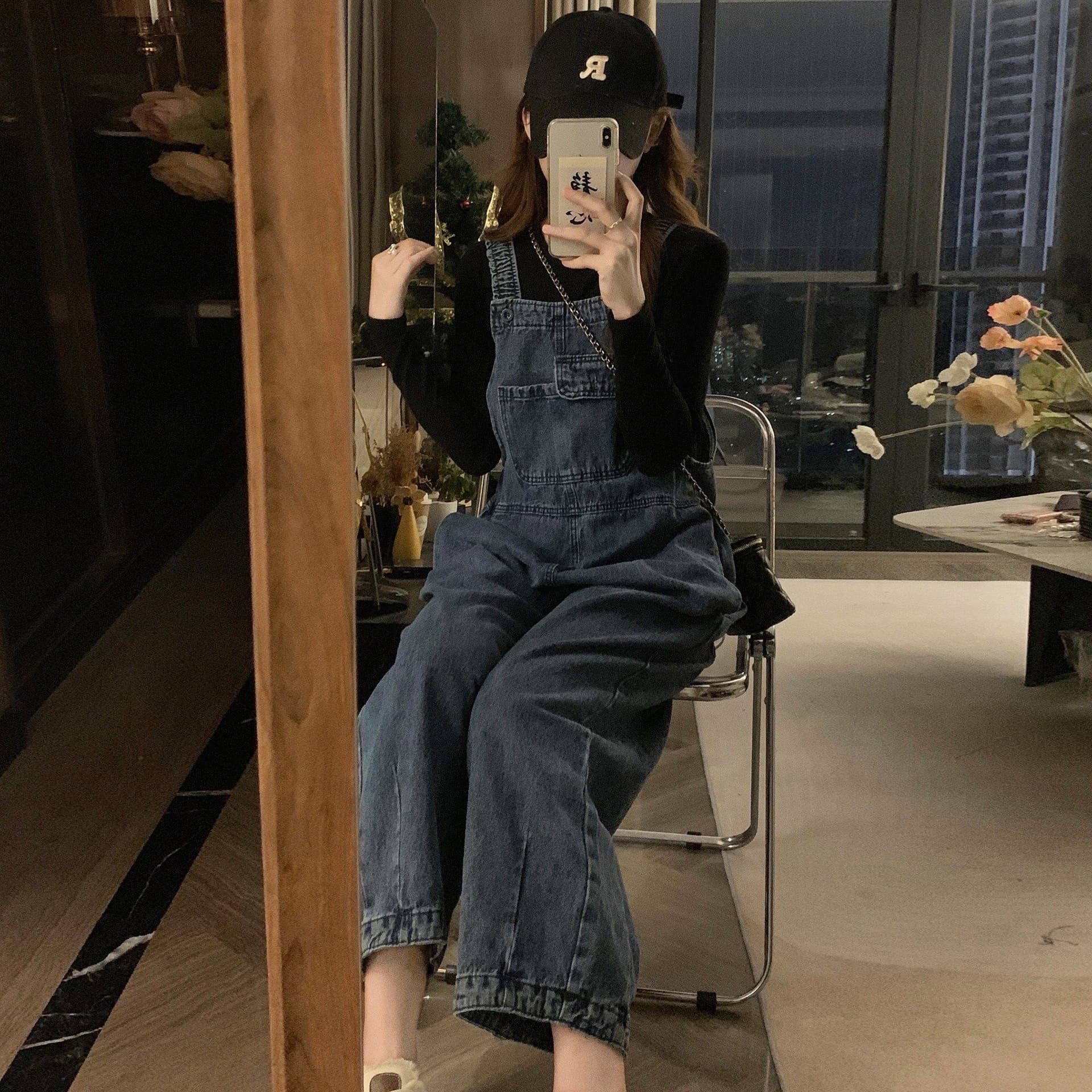 Maternity Wear Autumn Set Korean French Style Adjustable Retro Denim Overalls + Black T-Shirt Spring and Autumn Two-Piece Set