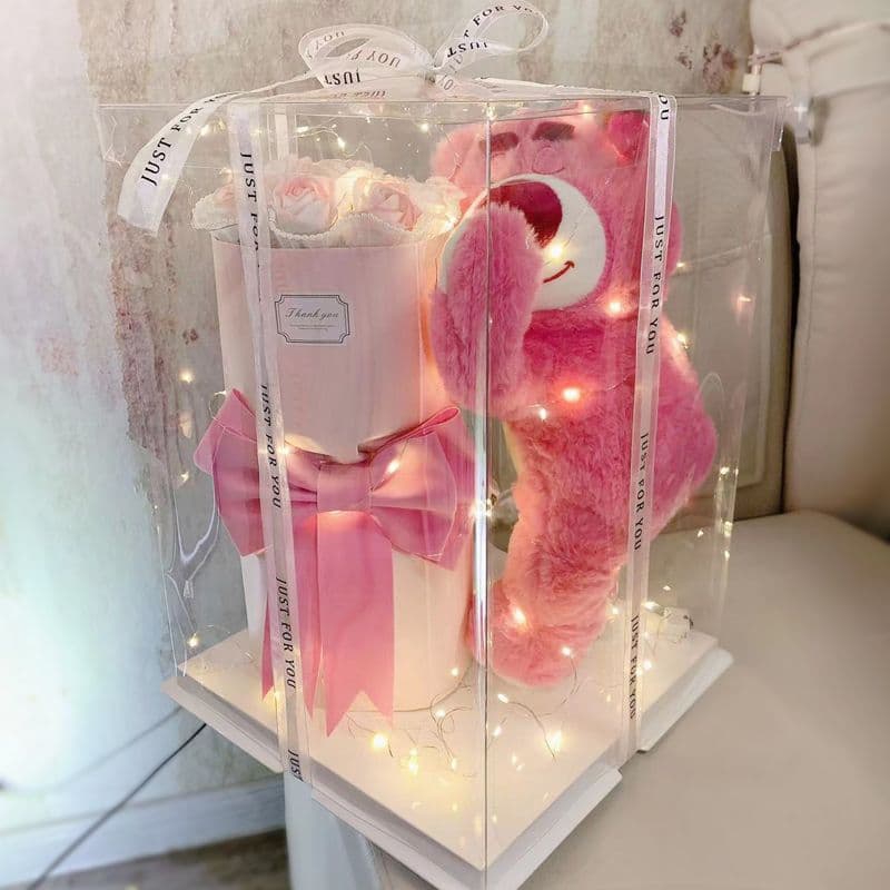 Graduation Gift Strawberry Bear Rose Preserved Flower Cartoon Bouquet Birthday Gift for Girls Female Plush Toy