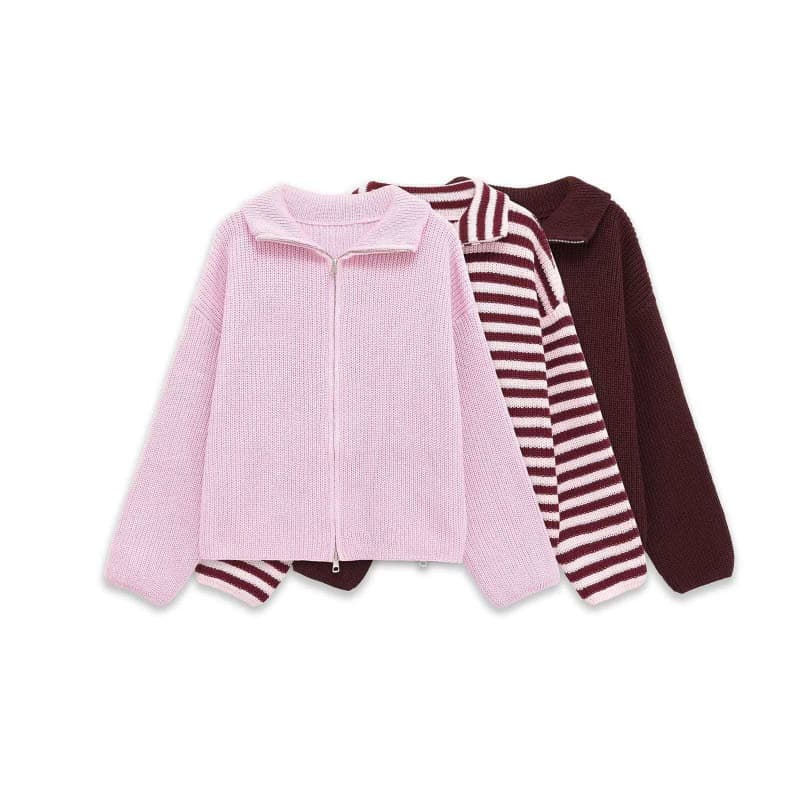 Cross-border Women's Clothing Factory Wholesale 2026 AliExpress Hot Selling Autumn/Winter Loose Versatile Lapel Striped Sweater Coat