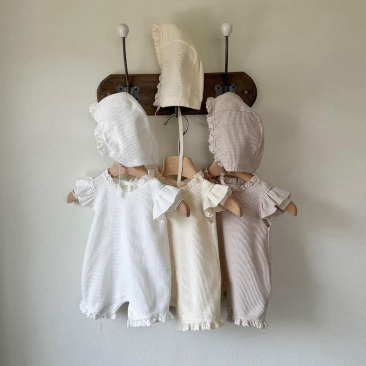 Korean Baby Girl Lace Trim Waffle Ruffle Sleeve Bodysuit Infant Summer Romper