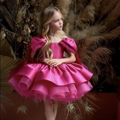 Girls' one-shoulder cross-border bow sleeve dress puffy yarn princess birthday party puff sleeve dress