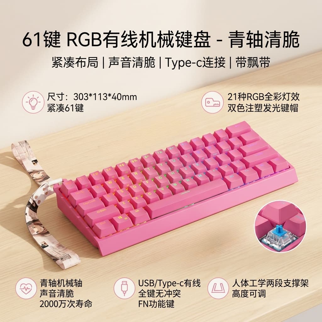 Piaodai Gaming Mechanical Keyboard, Detachable Cable, Translucent Keycaps, RGB Backlit, 61-Key Computer Keyboard