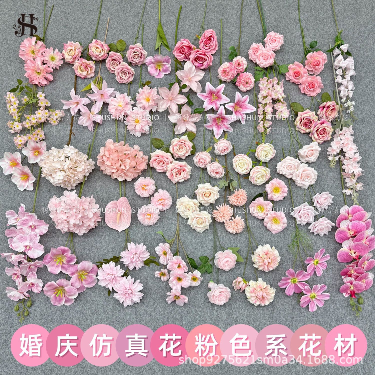 Pink artificial flowers for wedding decoration, background wall, ceiling, and pathway arrangements