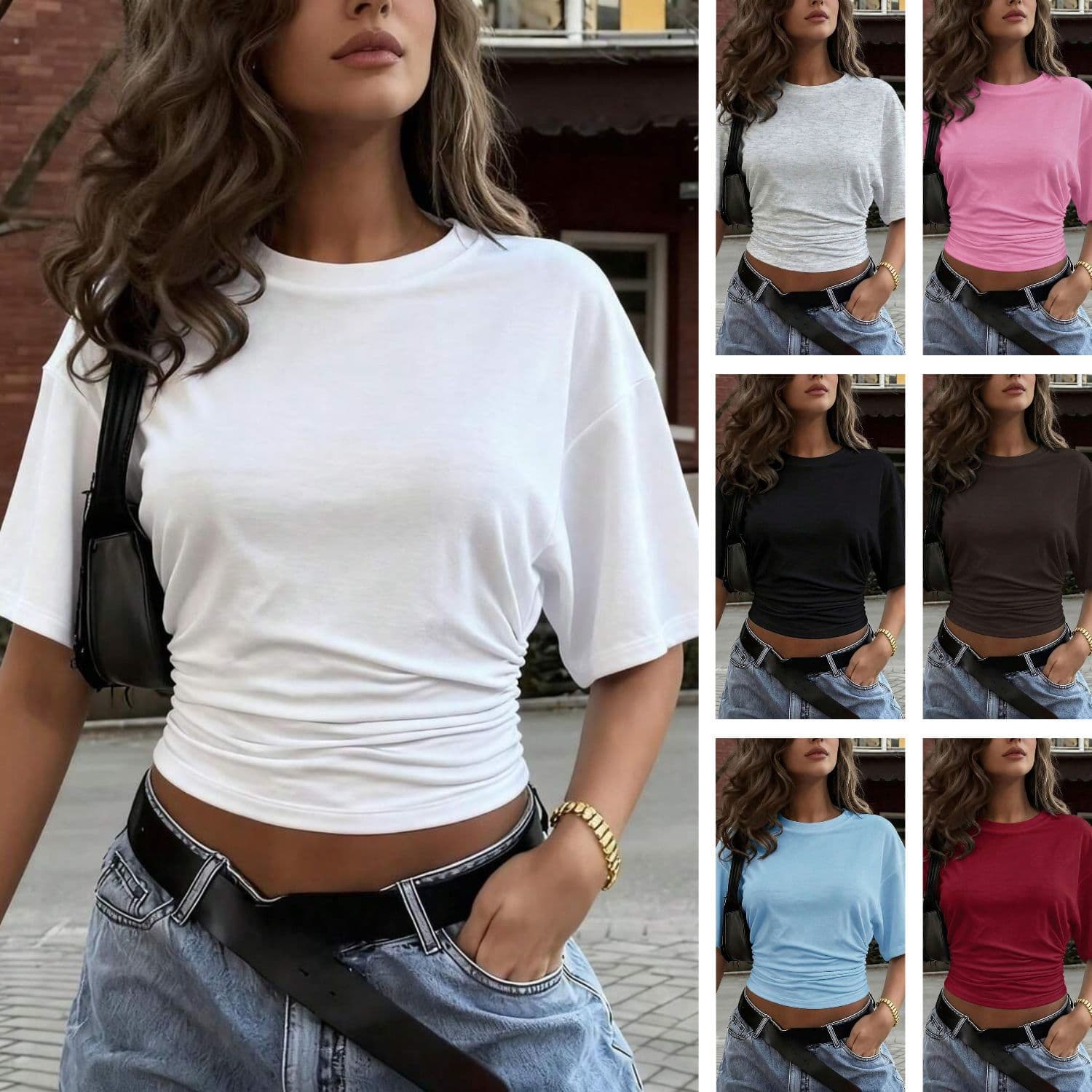 2026 hot cross-border foreign trade Amazon summer gathered solid color round neck waist slimming women's short sleeves