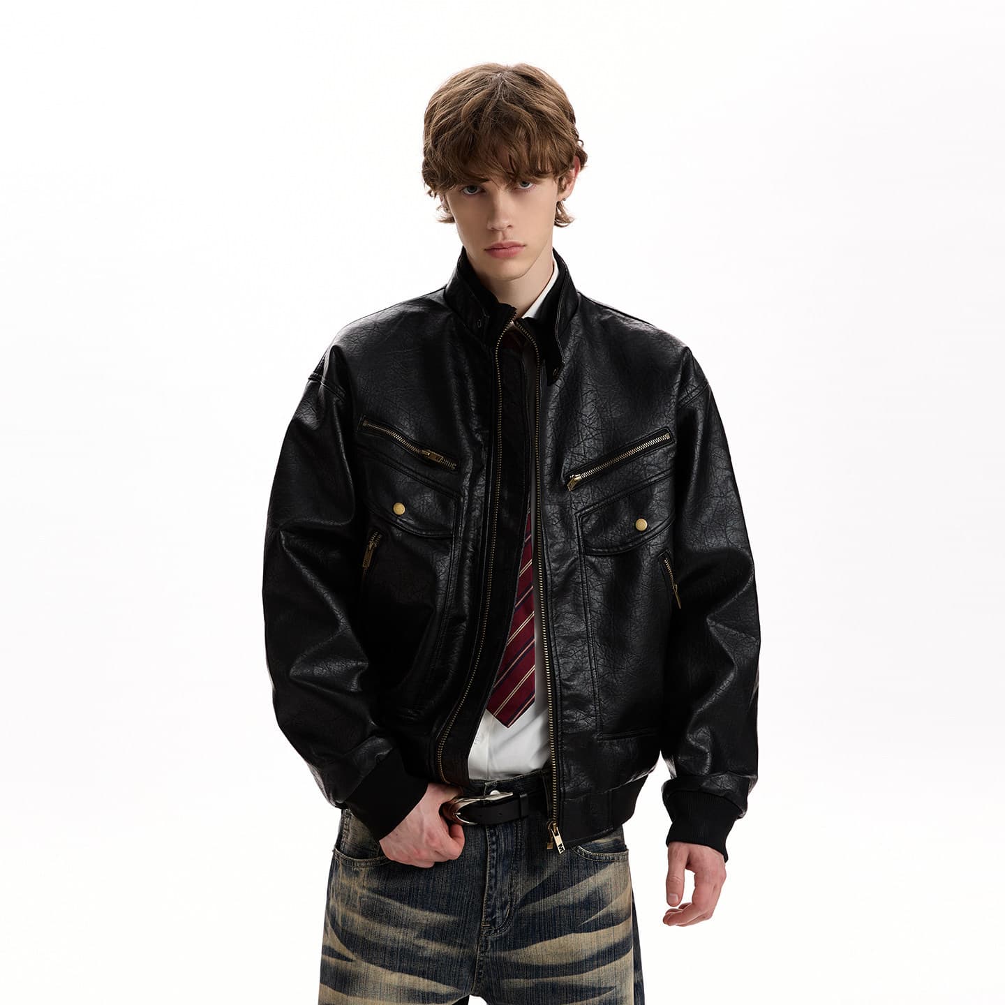American Vintage Textured PU Leather Jacket Spring Autumn New Boxy Multi-Pocket Oversized Motorcycle Coat