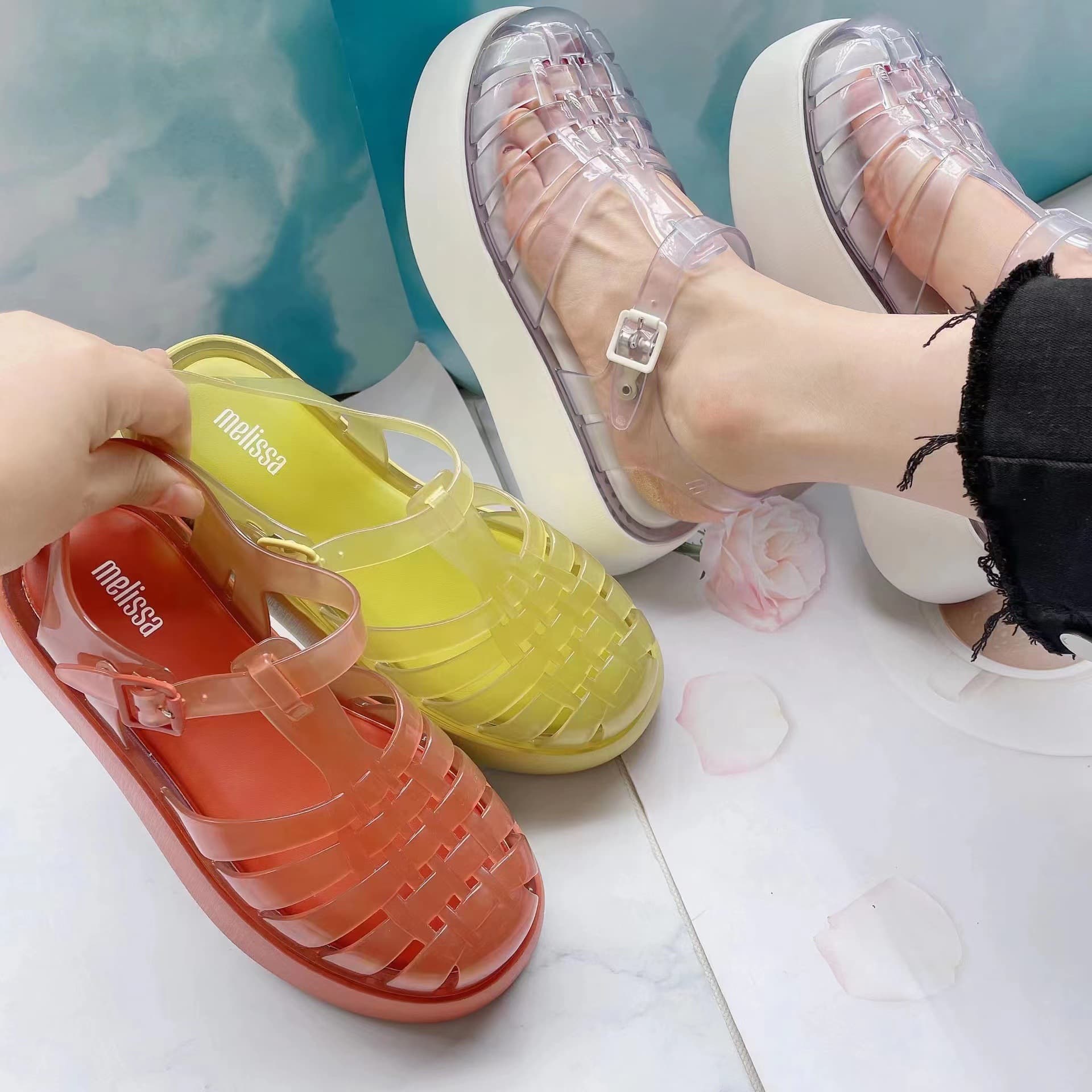In Stock Summer Melissa EVA Thick Sole Closed Toe Hollow Roman Weave Sandals Women Platform Sandals Height Increase