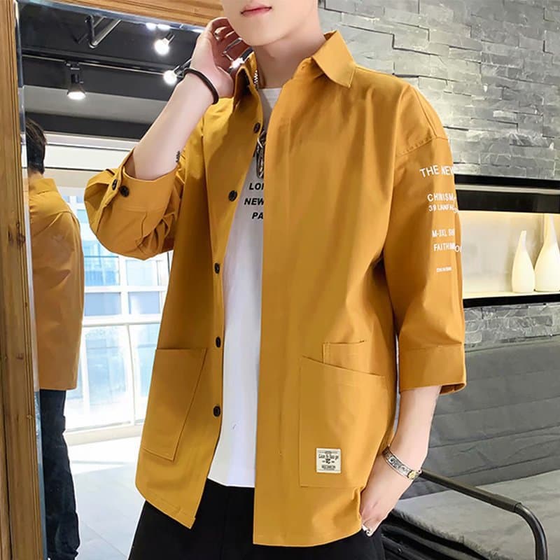 Men's Three-Quarter Sleeve Summer Loose Short Sleeve Shirt Hong Kong Style Japanese Style Thin Casual Jacket Trendy