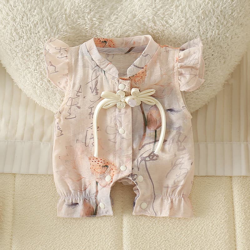 Baby Summer New Chinese Style Baby Girl Retro Chinese Style Onesie Newborn Tencel Hemp Lotus Printed Harness