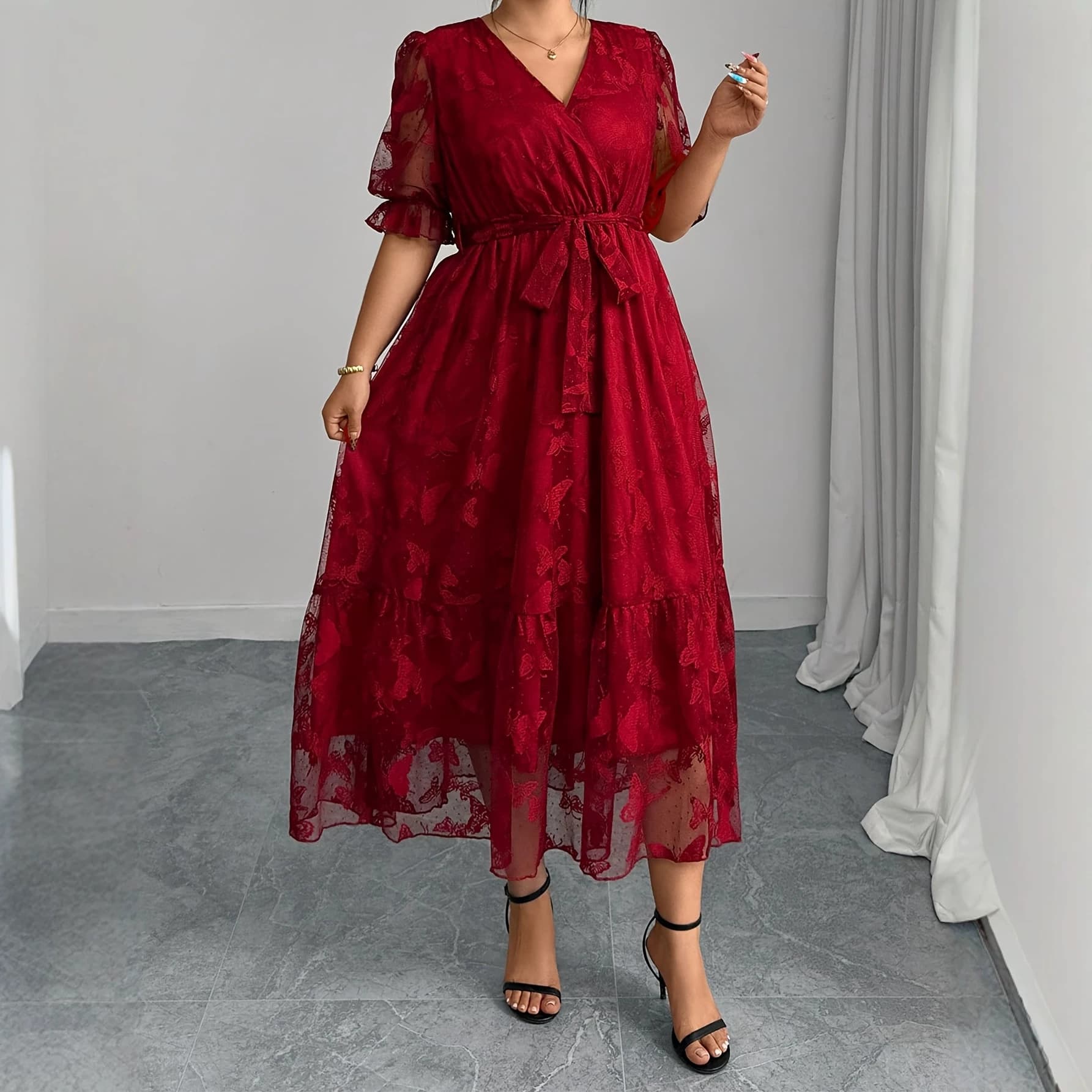 Cross-border foreign trade European and American large size 2026 summer new temperament V-neck waist lace trumpet sleeve mid-length dress