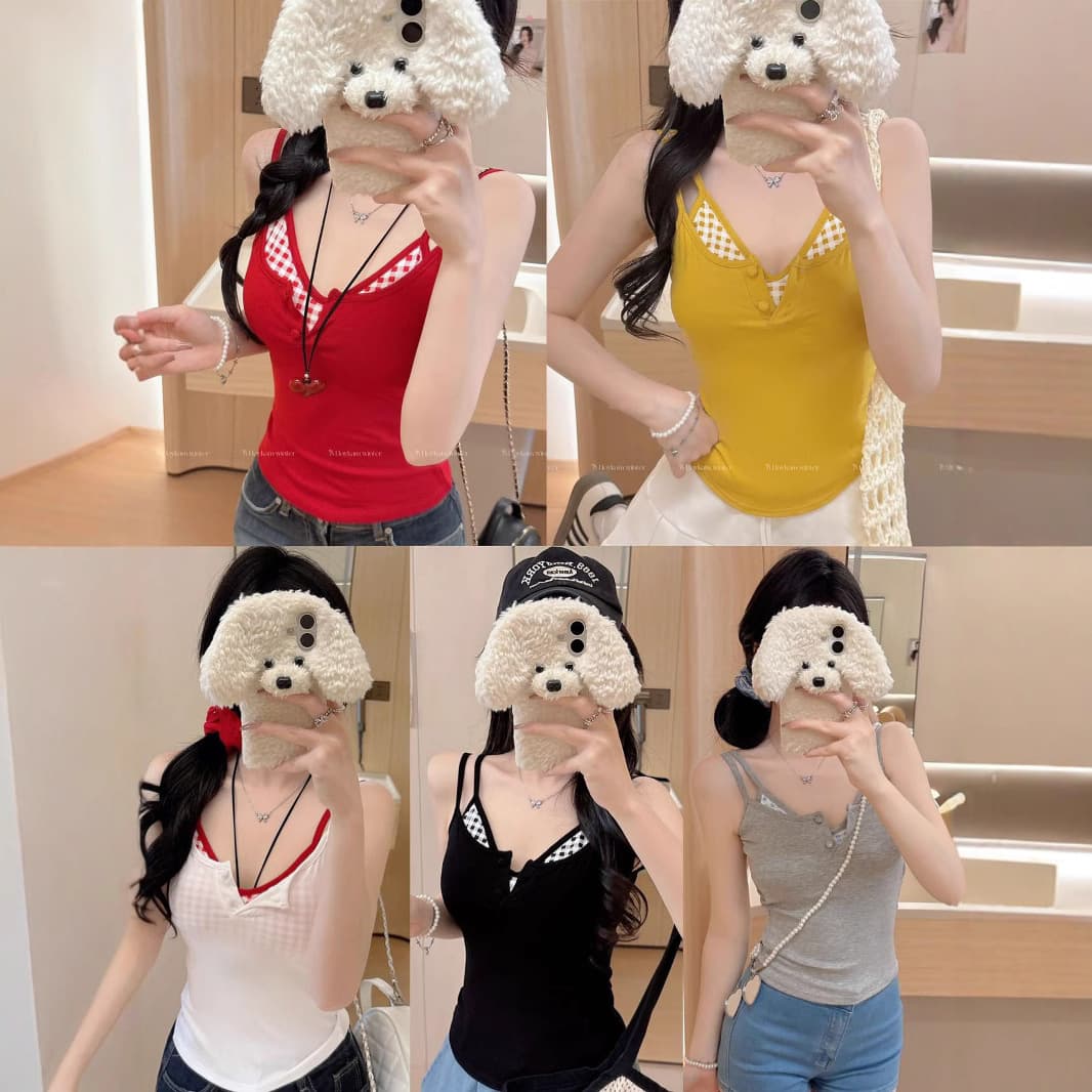 10121# Summer New Fake Two-Piece Button Design Versatile Plaid Integrated with Chest Pad Comfortable Camisole