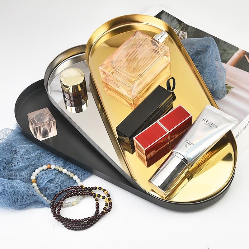 Cross-border Gold Ins-style Stainless Steel Jewelry Tray Cosmetic Straight-edge Plate Premium Desktop Oval Tray