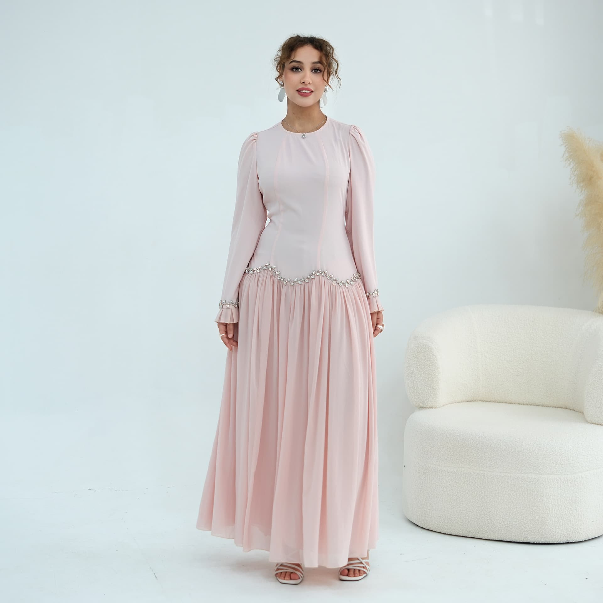 Ai Yi Rui real shot direct output, long sleeve rhinestone spliced adjustable waist dress 1190