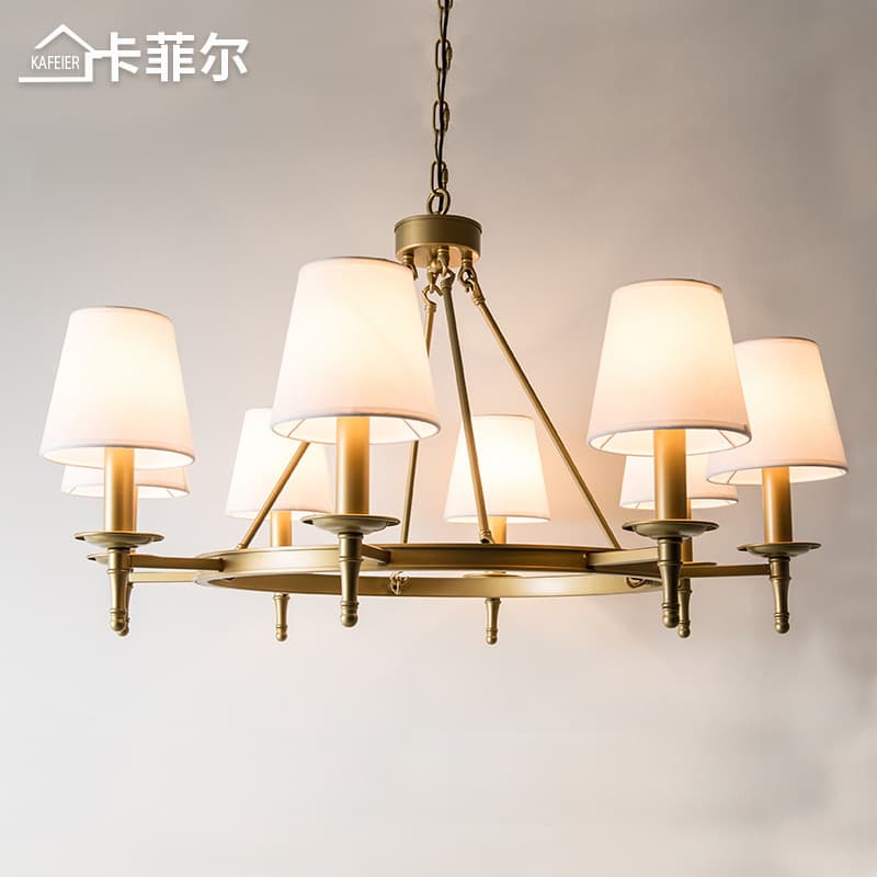 Kafel American-Style Chandelier, Living Room Home Creative Minimalist Fabric Shade Copper Iron Lighting Fixture, American Country Chandelier
