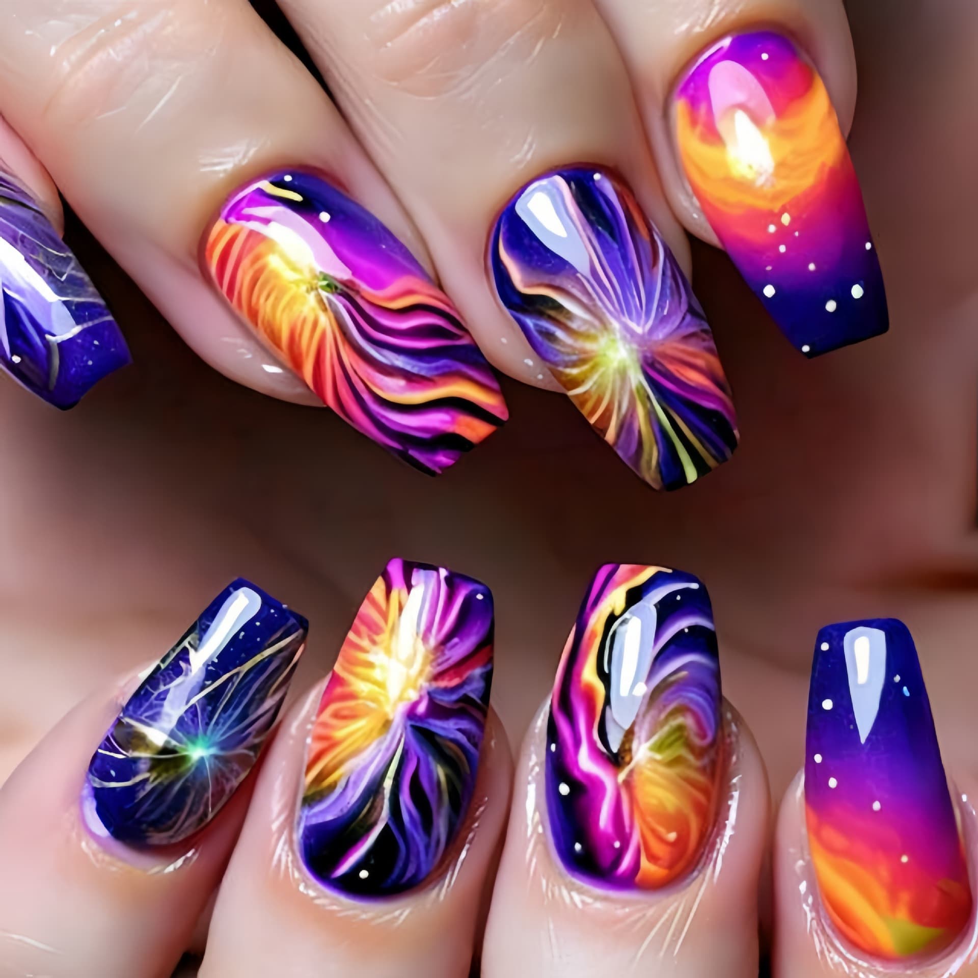 Press-On Nails Medium-Long Oval Square Nails New Year Spring Summer Fashion Nails Multicolor Gradient Stripes