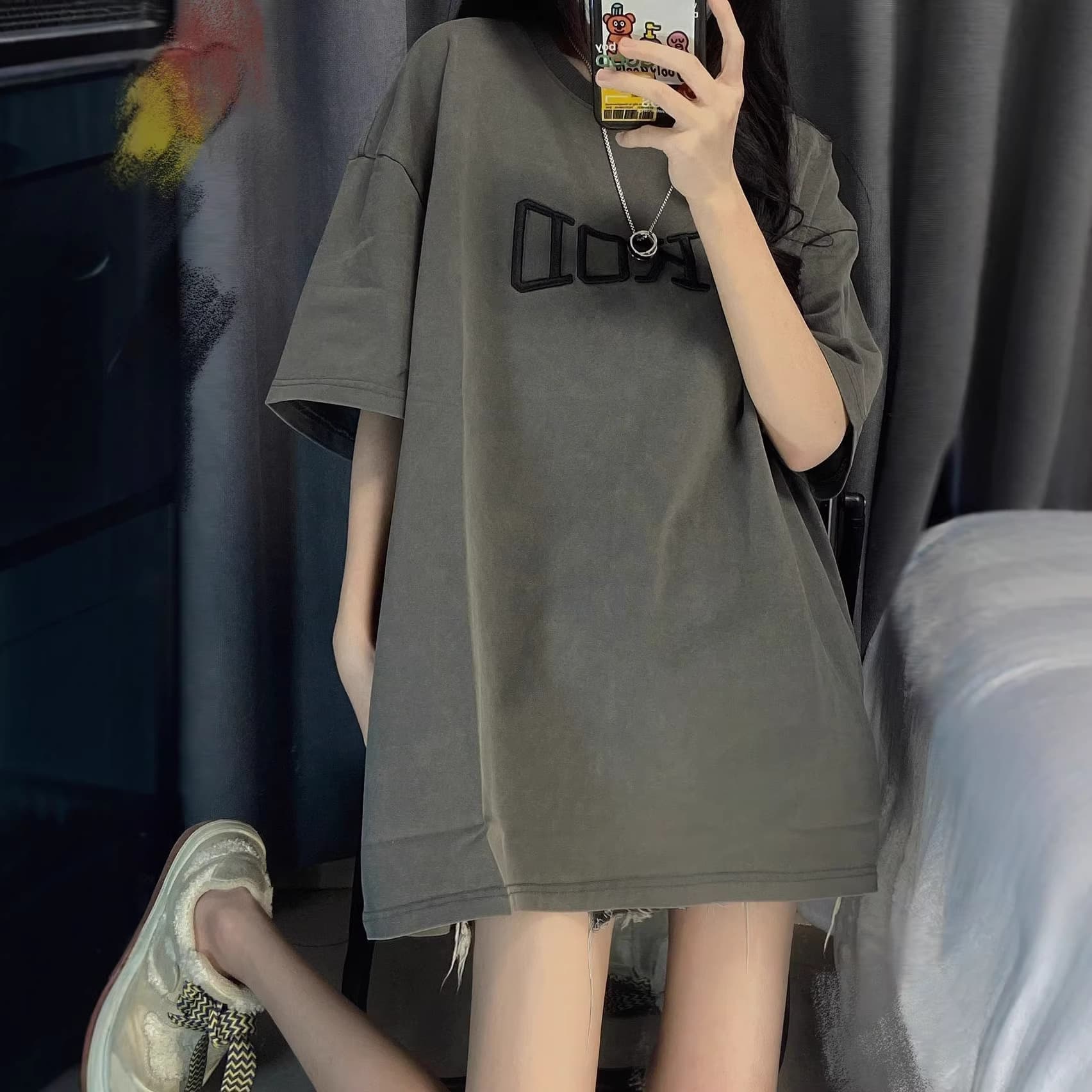 [Embroidered Letters 200g Combed Pure Cotton Back Collar] American Vintage Loose Round Neck Short Sleeve T-Shirt for Women Summer Top