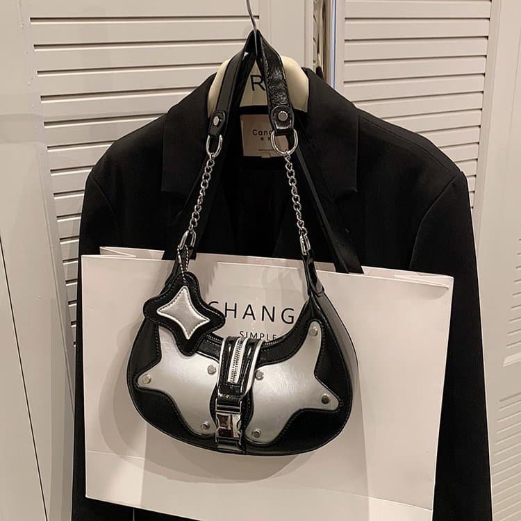 New Star Moon Bag Motorcycle Bag Contrast Color Underarm Bag Rivet Shoulder Bag Women's Bag