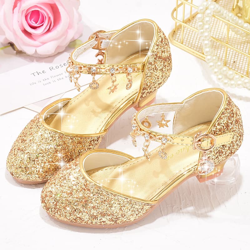 Factory Wholesale Girls' Sparkly Performance High Heels, Gold Silver Sequins Princess Crystal Shoes for All Seasons
