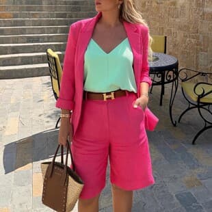 OL Casual Loose Cotton Linen Long-Sleeve Blazer with 5-Inch Shorts Set