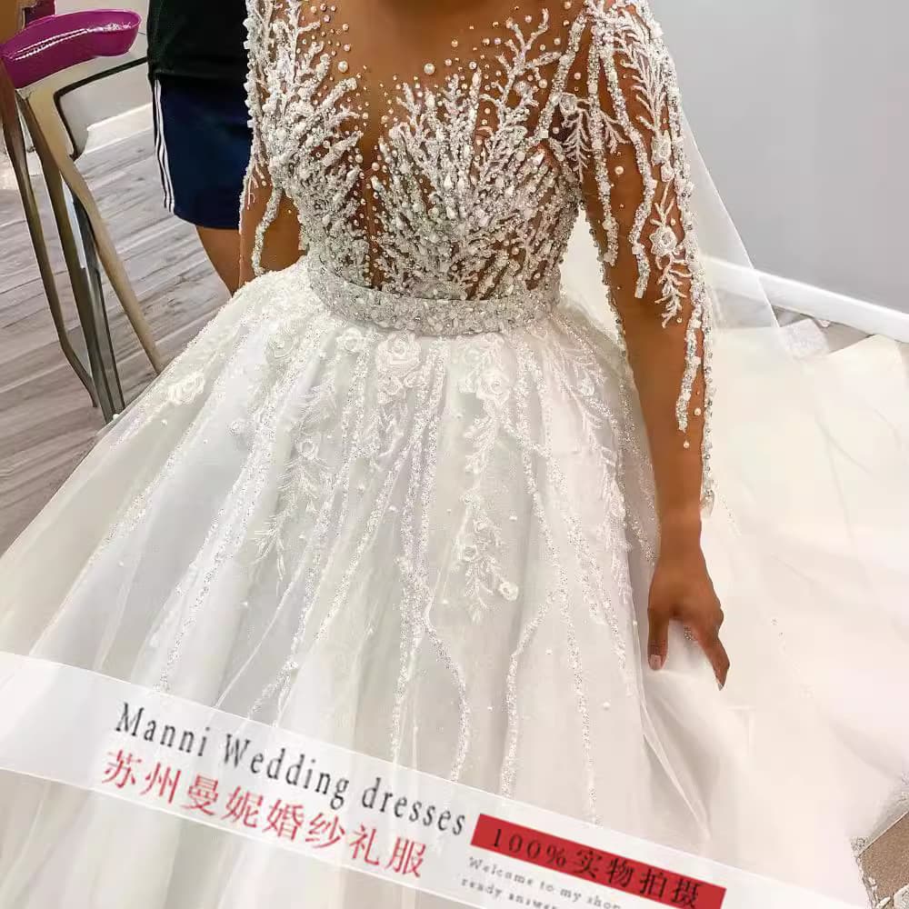 Amazon New Export Wedding Dress African Bride Deep V Lace Long Sleeve Detachable Custom Wedding Gown